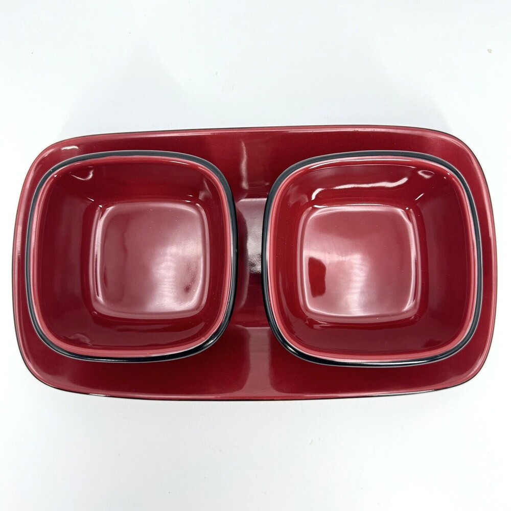 2 Corningware Hearthstone Chili Red Black Dessert Bowls with Serving Plate